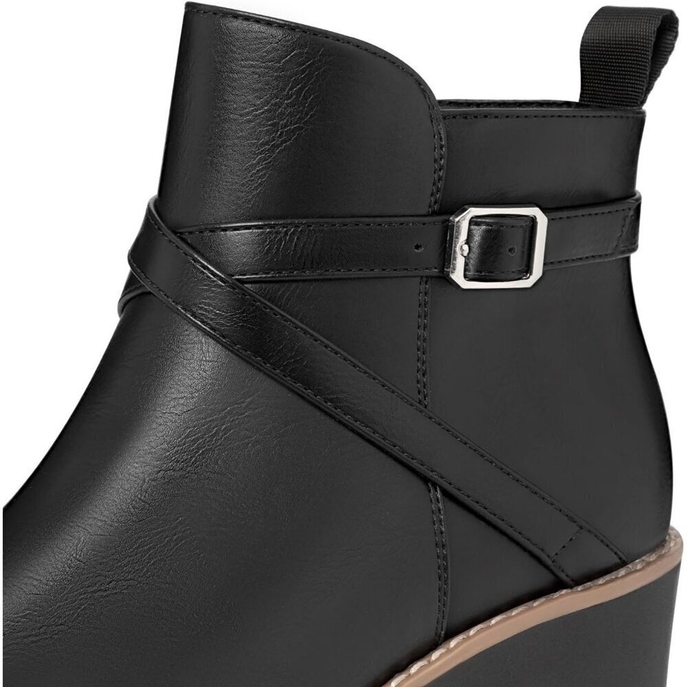 Women's Black Wedge Ankle Boots Platform Lug Sole Buckle Zip Short Booties - Picture 3 of 6